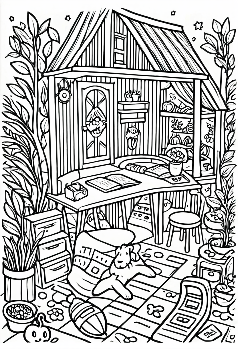 Cozy Cottage - This charming coloring page depicts a quaint wooden cottage nestled in a lush forest The cottage features an open door and a welcoming window, surrounded by natures bounty Perfect for kids who love to imagine fairytale homes
