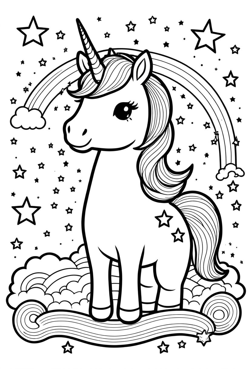 Starry Unicorn Dreams - A whimsical unicorn sitting on a cloud under the starlit sky, ready for coloring fun