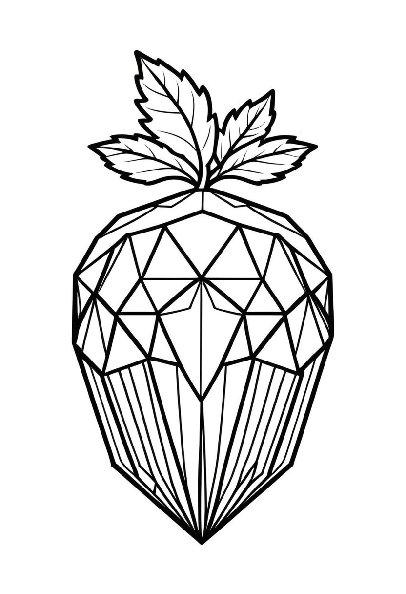 Vaporwave Diamond Acorn - A monochromatic line art illustration featuring a geometric acorn design encrusted with diamonds, topped with a leaf This image is reminiscent of vaporwave aesthetics and would appeal to coloring enthusiasts who enjoy intricate patterns